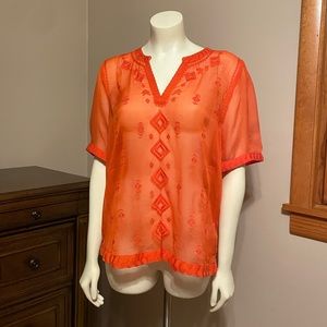 womens size large orange sheer blouse embroidered design.